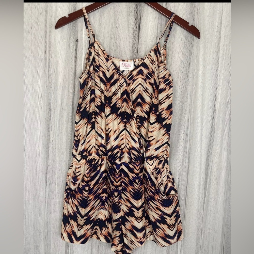 Parker Womens Silk Chevron Print Shorts Romper White Size  XS  With Pockets